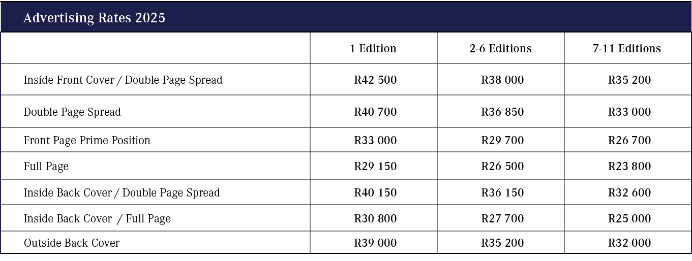 Advertising Rates 2025,,1 Edition,2 6 Editions,7 11 Editions,Inside Front Cover / Double Page Spread,R42 500,R38 000,...