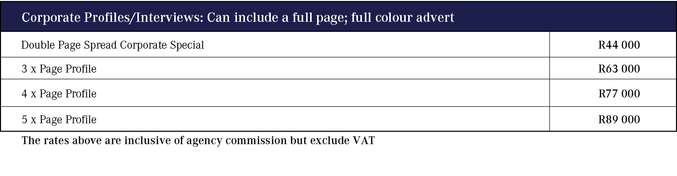 Corporate Profiles/Interviews: Can include a full page; full colour advert,,Double Page Spread Corporate Special,R44 ...