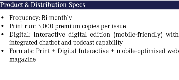 Product & Distribution Specs • Frequency: Bi monthly • Print run: 3,000 premium copies per issue • Digital: Interacti...